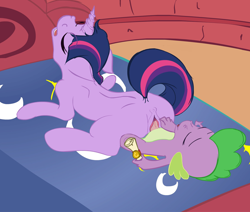Size: 1097x931 | Tagged: explicit, artist:untoldedm4n, spike, twilight sparkle, age difference, anus, baby dragon on mare, bed, butt, dock, dragon, dragon on pony action, duo, duo male and female, eyes closed, female, floppy ears, foalcon, g4, imported from derpibooru, interspecies, male, mare, nudity, penis, plot, ponut, pony, pseudoincest, puckered asshole, scroll, sex, ship:twispike, shipping, straight, unicorn, vaginal, vulva, wingless spike