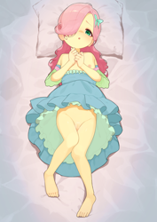 Size: 2894x4093 | Tagged: explicit, artist:dekasuji, fluttershy, banned from derpibooru, bed, blushing, bottomless, breasts, censored, child, clothes, delicious flat chest, dress, dress lift, equestria girls, female, g4, human, imported from twibooru, lolicon, looking at you, lying down, nipples, no panties, nudity, on back, partial nudity, pillow, solo, underage, vulva, younger