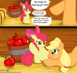 Size: 1785x1693 | Tagged: explicit, artist:yaoifairy, apple bloom, applejack, apple, applecest, blushing, comic, cunnilingus, drool, earth pony, female, filly, foal, foalcon, food, g4, imported from derpibooru, incest, lesbian, mare, mare on filly, nudity, oral, pony, ship:bloomjack, shipping, siblings, sisters, spread legs, spreading, vulva