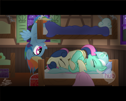 Size: 1280x1024 | Tagged: explicit, artist:facelessjr, rainbow dash, 69 position, anus, bed, blushing, bon bon, bon butt, bunk bed, butt, caught, cloud, cunnilingus, cute, cute porn, dashabetes, drool, earth pony, female, filly, filly on filly, foal, foalcon, g4, genitals, grin, horn, hornboner, hub logo, imported from derpibooru, lesbian, letterboxing, lyra heartstrings, nudity, oral, pegasus, pillow, plot, pony, sex, ship:lyrabon, shipping, show accurate, show accurate porn, stealth sex, sweetie drops, unicorn, upside down, vaginal secretions, voyeur dash, voyeurism, vulva, younger