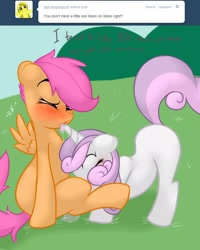 Size: 1278x1600 | Tagged: explicit, artist:severus, scootaloo, sweetie belle, blushing, drool, female, filly, filly on filly, foal, foalcon, g4, horn, hornjob, imported from derpibooru, lesbian, nudity, pegasus, pony, sex, ship:scootabelle, shipping, unicorn, vaginal secretions