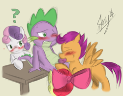 Size: 900x700 | Tagged: explicit, artist:starykrow, apple bloom, scootaloo, spike, sweetie belle, baby dragon on filly, blowjob, blushing, cmc foursome, cutie mark crusaders, dragon, dragon on pony action, earth pony, eyes closed, female, filly, floppy ears, foal, foalcon, foursome, g4, group sex, horn, imported from derpibooru, interspecies, lucky bastard, male, nudity, open mouth, oral, pegasus, penis, pony, question mark, sex, ship:crusadespike, ship:scootaspike, ship:spikebelle, ship:spikebloom, shipping, spike gets all the mares, spread wings, straight, sweat, table, unicorn, wingboner, wings, wink