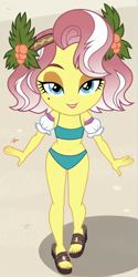 Size: 600x1200 | Tagged: safe, aged down, ai content, ai generated, beach, bikini, child, clothes, equestria girls, female, imported from twibooru, lolicon, sand, shoes, swimsuit, underage, vignette valencia, young, younger