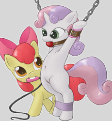 Size: 832x900 | Tagged: questionable, artist:lahsparkster, apple bloom, sweetie belle, ballgag, bipedal, bondage, chains, earth pony, female, femdom, femsub, filly, filly on filly, foal, foalcon, g4, gag, genitals, horn, imported from derpibooru, lesbian, mouth hold, nudity, pony, semi-anthro, ship:sweetiebloom, shipping, simplistic vulva, submissive, unicorn, vulva, whip
