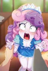 Size: 835x1218 | Tagged: questionable, semi-grimdark, sweetie belle, age difference, ai content, alternate version, anonymous prompter, banned from derpibooru, blushing, child, clothes, equestria girls, female, imported from twibooru, knife, lolicon, maid, oppai loli, size difference, tears of fear, this will end in death, this will end in jail time, this will end in tears, this will end in tears and/or death, underage, young