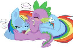 Size: 1280x845 | Tagged: explicit, artist:sweethd, rainbow dash, spike, age difference, baby dragon on mare, blowjob, blushing, colored, cum, dialogue, dragon, dragon on pony action, duo, duo male and female, eyes closed, female, foalcon, g4, imported from derpibooru, interspecies, male, mare, nudity, oral, pegasus, penis, pony, ship:rainbowspike, shipping, simple background, straight, white background, wingless spike