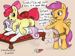 Size: 1387x1040 | Tagged: explicit, artist:cynicalmoose, apple bloom, scootaloo, sweetie belle, anus, butt, cmc threesome, cutie mark crusaders, earth pony, female, filly, filly on filly, foal, foalcon, g4, group sex, imminent sex, imported from derpibooru, lesbian, lube, nudity, pegasus, plot, pony, sex, sex toy, ship:scootabelle, ship:scootabloom, ship:sweetiebloom, ship:sweetiebloomaloo, shipping, strapon, threesome, unicorn, vaginal secretions, vulva