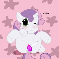 Size: 2000x2000 | Tagged: explicit, artist:tcraw, sweetie belle, :3, abstract background, anatomically incorrect, bad anatomy, blushing, female, filly, foal, foalcon, food, g4, high res, imported from derpibooru, insertion, lollipop, looking at you, nudity, on back, pony, solo, solo female, spread legs, spreading, this will end in yeast infection, underhoof, unicorn, unusual insertion, vaginal insertion, vaginal secretions, vulva, wink
