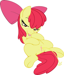 Size: 1356x1574 | Tagged: explicit, artist:0r0ch1, artist:captainanders, apple bloom, bedroom eyes, earth pony, female, filly, foal, foalcon, g4, imported from derpibooru, nudity, on back, pissing, pony, simple background, solo, solo female, tongue out, transparent background, urine, vulva, watersports