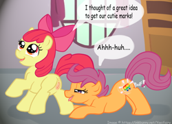 Size: 1200x871 | Tagged: explicit, artist:yaoifairy, apple bloom, scootaloo, alternate cutie mark, anus, butt, cutie mark, earth pony, female, filly, filly on filly, foal, foalcon, g4, imminent sex, imported from derpibooru, lesbian, looking at butt, nudity, pegasus, plot, pony, race swap, ship:scootabloom, shipping, show accurate, show accurate porn, surprise sex, vulva, wingless