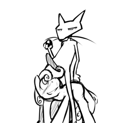 Size: 1280x1280 | Tagged: explicit, artist:florecentmoo, sweetie belle, anthro male on filly, blushing, courage the cowardly dog, crossover, female, filly, foal, foalcon, g4, imported from derpibooru, katz, male, monochrome, nudity, penis, pony, shipping, slit pupils, straight, unicorn