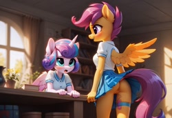 Size: 1216x832 | Tagged: explicit, princess flurry heart, scootaloo, ai content, ai generated, anthro, banned from derpibooru, behind counter, blushing, butt, clothes, collared shirt, egg vibrator, female, flustered, generator:pony diffusion v6 xl, horned anthro, imported from twibooru, indoors, insertion, leaning, lolicon, nudity, pleated skirt, prompter:madlyirrelevant, sex toy, skirt, skirt lift, tail, thigh strap, thrill of almost being caught, underage, upskirt, vaginal insertion, vaginal masturbation, vibrator, vulva, winged anthro