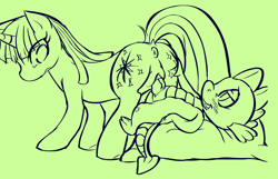 Size: 1281x825 | Tagged: explicit, artist:buttercupsaiyan, spike, twilight sparkle, anus, baby dragon on mare, butt, butt grab, butt touch, dock, double the fun, dragon, dragon on pony action, female, foalcon, g4, grope, hand on butt, hemipenis, imported from derpibooru, interspecies, male, mare, monochrome, nudity, penis, plot, pony, sex, ship:twispike, shipping, simple background, straight, unicorn, vulva