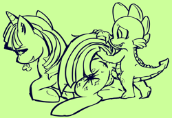 Size: 1175x807 | Tagged: explicit, artist:buttercupsaiyan, spike, twilight sparkle, anal, anus, baby dragon on mare, butt, double the fun, dragon, dragon on pony action, female, foalcon, g4, hemipenis, imported from derpibooru, interspecies, male, mare, monochrome, nudity, penis, plot, pony, prone, raised tail, sex, ship:twispike, shipping, simple background, straight, tail, unicorn, vulva