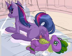 Size: 505x390 | Tagged: explicit, artist:buttercupsaiyan, spike, twilight sparkle, anus, baby dragon on mare, butt, butt grab, butt touch, dock, double the fun, dragon, dragon on pony action, female, foalcon, g4, grope, hand on butt, imported from derpibooru, interspecies, male, mare, nudity, penis, plot, pony, reverse cowgirl, sex, ship:twispike, shipping, straight, unicorn, vaginal, vulva