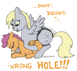 Size: 500x466 | Tagged: explicit, artist:ecmajor, scootaloo, anal insertion, derpy hooves, derpyloo, dialogue, doggy style, english, eyes closed, female, filly, floppy ears, foal, foalcon, from behind, funny, g4, humor, imported from derpibooru, insertion, lesbian, mare, mare on filly, open mouth, pegasus, pony, pony on pony action, prone, sex, sex toy, shipping, simple background, smiling, spread wings, strapon, wings, wrong hole