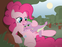 Size: 1280x960 | Tagged: explicit, artist:syoee b, pinkie pie, spike, anus, baby dragon on mare, balls, blushing, butt, cum, dragon, dragon on pony action, earth pony, female, foalcon, g4, imported from derpibooru, interspecies, male, mare, nudity, panting, penis, pony, sex, ship:pinkiespike, shipping, show accurate, show accurate porn, straight, sun, tree, vaginal, vaginal secretions, vulva