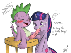 Size: 800x600 | Tagged: explicit, artist:starykrow, spike, twilight sparkle, age difference, baby dragon on mare, blowjob, blushing, cum, cumming, dragon, dragon on pony action, duo, duo male and female, female, foalcon, g4, heart, horn, imported from derpibooru, interspecies, just the tip, male, mare, nudity, oral, orgasm, penis, pony, pseudoincest, sex, ship:twispike, shipping, simple background, sitting, straight, twilight is a foal fiddler, unicorn, wingless spike