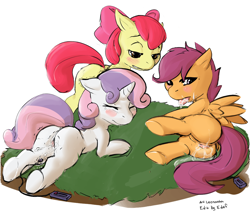 Size: 1078x908 | Tagged: explicit, artist:leosaeta, apple bloom, scootaloo, sweetie belle, anatomically incorrect, anus, bedroom eyes, blank flank, blushing, butt, cutie mark crusaders, drool, earth pony, edit, eyes closed, female, females only, filly, floppy ears, foal, foalcon, g4, grass, gritted teeth, implied oral, implied sex, imported from derpibooru, incorrect leg anatomy, nudity, on side, open mouth, orgasm, pegasus, plot, pony, prone, raised tail, sex toy, shivering, simple background, spread wings, sweat, tail, tongue out, trio, trio female, underhoof, unicorn, vaginal secretions, vibrator, vulva, white background, wingboner, wings