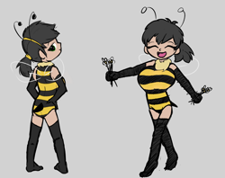 Size: 1450x1148 | Tagged: suggestive, artist:permpony, editor:anonymous, oc, oc:anonfilly, animal costume, banned from derpibooru, bedroom eyes, bee costume, big breasts, breasts, clothes, costume, edit, female, flower, gloves, human, humanized, imported from twibooru, leotard, lolicon, long gloves, long socks, oc only, oppai loli, smiling, solo, underage