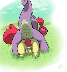 Size: 834x900 | Tagged: explicit, artist:sharpy, apple bloom, spike, anus, baby dragon on filly, butt, creampie, crotchboobs, cum, cumming, doggy style, dragon, dragon on pony action, earth pony, female, filly, foal, foalcon, from behind, g4, genitals, grass, grass field, imported from derpibooru, interspecies, male, nipples, nudity, orgasm, penis, plot, pony, prone, rear view, sex, ship:spikebloom, shipping, straight, teats, throbbing, vaginal, vulva