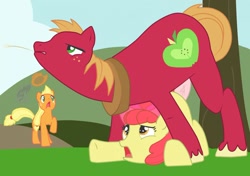 Size: 1280x903 | Tagged: explicit, artist:pdxyz, apple bloom, applejack, ambiguous penetration, applecest, applejack the anti-shipper, artifact, ass up, big macintosh, brother and sister, caught, dubious consent, earth pony, exhibitionism, face down ass up, female, foalcon, from behind, g4, horsecock, imported from derpibooru, incest, male, mare, nudity, penis, pony, public sex, sex, ship:macbloom, shipping, siblings, stallion, stallion on filly, straight, tree