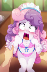 Size: 904x1361 | Tagged: questionable, sweetie belle, age difference, ai content, anonymous prompter, banned from derpibooru, bikini, child, clothes, dubious consent, edit, equestria girls, female, human, imminent rape, imminent sex, imported from twibooru, lolicon, maid, maid headdress, oppai loli, size difference, swimsuit, tears of fear, this will end in jail time, this will end in tears, underage, young