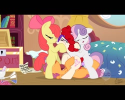 Size: 1280x1024 | Tagged: explicit, artist:facelessjr, apple bloom, scootaloo, sweetie belle, anal insertion, bed, blank flank, cmc foursome, cunnilingus, cutie mark crusaders, dildo, double penetration, drool, earth pony, eyes closed, female, filly, filly on filly, foal, foalcon, foursome, g4, glasses, group sex, hub logo, imported from derpibooru, insertion, kiss on the lips, kissing, lesbian, letterboxing, nudity, only on the hub, oral, pegasus, pillow, pony, sex, sex toy, ship:scootabelle, ship:scootabloom, ship:scootatwist, ship:sweetiebloom, ship:twistbelle, ship:twistbloom, shipping, show accurate, show accurate porn, the hub, twist, unicorn, vaginal, vaginal secretions