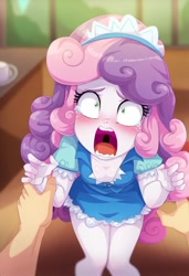 Size: 832x1218 | Tagged: questionable, sweetie belle, age difference, ai content, anonymous prompter, banned from derpibooru, blushing, child, clothes, dubious consent, equestria girls, female, imminent rape, imminent sex, imported from twibooru, lolicon, maid, oppai loli, size difference, tears of fear, this will end in jail time, this will end in tears, underage, young