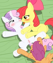 Size: 847x1019 | Tagged: explicit, artist:zed001, apple bloom, scootaloo, sweetie belle, anus, blushing, butt, cmc threesome, cutie mark crusaders, earth pony, female, filly, filly on filly, foal, foalcon, g4, group sex, human vulva on pony, imported from derpibooru, lesbian, lip bite, nudity, on back, one eye closed, pegasus, plot, pony, sex, ship:scootabelle, ship:scootabloom, ship:sweetiebloom, ship:sweetiebloomaloo, shipping, show accurate, show accurate porn, spread wings, threesome, tongue out, unicorn, vulva, wingboner, wings