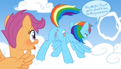 Size: 1293x742 | Tagged: explicit, artist:zed001, rainbow dash, scootaloo, 2012, age difference, ahegao, anus, aroused, artifact, bedroom eyes, blush lines, blush scribble, blush sticker, blushing, blushing profusely, butt, butt blush, clitoris, cloud, cloudy, comic, dialogue, drool, drool string, duo, emanata, estrus, eyes on the prize, female, filly, foal, foalcon, g4, human anus on pony, human vulva on pony, imminent sex, implied foalcon, imported from derpibooru, lesbian, lidded eyes, looking at butt, looking pleasured, mare, mare on filly, nudity, onomatopoeia, open mouth, outdoors, pegasus, plot, pony, presenting, presenting anus, presenting butt, presenting pussy, pseudoincest, puckered asshole, rainbutt dash, raised hoof, raised leg, raised tail, reverse foalcon, saliva puddle, salivating, scrunchy face, ship:scootadash, shipping, show accurate, show accurate porn, speech bubble, spread wings, tail, tail aside, talk, talking, talking to viewer, tongue out, vaginal secretion stain, vaginal secretions, vaginal secretions dripping, vulva, vulva blush, vulvar winking, wall of tags, wide eyes, wingboner, wingding eyes, wings