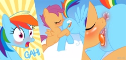 Size: 1666x800 | Tagged: explicit, artist:zed001, rainbow dash, scootaloo, 2012, ahegao, anus, blushing, blushing profusely, butt, butt blush, clitoris, cloud, comic, cunnilingus, drool, emanata, eyes closed, eyes on the prize, female, filly, foal, foalcon, g4, gah, human anus on pony, human vulva on pony, imported from derpibooru, lesbian, licking, mare, mare on filly, moan, moaning, moaning in pleasure, molestation, nudity, onomatopoeia, open mouth, oral, outdoor sex, outdoors, pegasus, personal space invasion, plot, pony, puckered asshole, raised hoof, raised leg, raised tail, reverse foalcon, scrunchy face, sex, ship:scootadash, shipping, show accurate, show accurate porn, sniffing, spread wings, surprise sex, surprised, tail, tail aside, tongue out, vagina, vaginal secretion stain, vaginal secretions, vaginal secretions dripping, vulva, vulva blush, vulvar winking, wide eyes, wingboner, wings