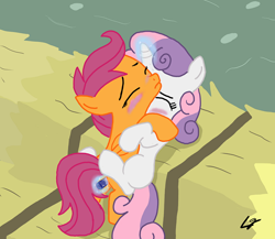 Size: 692x600 | Tagged: explicit, artist:lowgravity, scootaloo, sweetie belle, blank flank, blushing, dildo, female, filly, filly on filly, foal, foalcon, g4, hay bale, horn, imported from derpibooru, insertion, lesbian, nudity, pegasus, pony, sex, sex toy, ship:scootabelle, shipping, unicorn, vaginal insertion, vaginal secretions, vulva