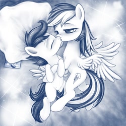 Size: 1000x1000 | Tagged: questionable, artist:rainbow, rainbow dash, scootaloo, age difference, crotchboobs, delicious flat crotch, duo, female, filly, foal, foalcon, g4, human vulva on pony, imported from derpibooru, kiss on the lips, kissing, labia, lesbian, mare, mare on filly, monochrome, nipples, nudity, on back, on side, pegasus, pillow, pony, scootalove, ship:scootadash, shipping, spread wings, subtly questionable, teats, vulva, wings