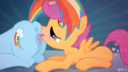 Size: 920x518 | Tagged: explicit, artist:syoee b, rainbow dash, scootaloo, age difference, anus, bedroom eyes, blushing, butt, cunnilingus, drool, female, filly, filly on mare, foal, foalcon, g4, happy, happy sex, heart, imported from derpibooru, labia, lesbian, licking, mare, nudity, oral, pegasus, plot, ponut, pony, prone, puckered asshole, raised tail, ship:scootadash, shipping, show accurate, show accurate porn, smiling, spread wings, taste the rainbow, vaginal secretions, vulva, wingboner, wings