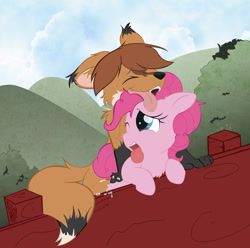 Size: 737x731 | Tagged: explicit, artist:sip, pinkie pie, oc, ahegao, canon x furry, canon x oc, creampie, cum, cumming, doggy style, earth pony, eyes closed, floppy ears, fluffy, foalcon, fox, from behind, furry, furry on pony action, g4, happy, happy sex, imported from derpibooru, interspecies, leaning, male, non-pony oc, nudity, open mouth, outdoor sex, outdoors, pony, sex, shipping, smiling, straight, tongue out, wink, younger