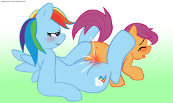 Size: 3600x2160 | Tagged: explicit, artist:damagics, artist:megasweet, rainbow dash, scootaloo, age difference, anus, blushing, butt, cum, cumming, female, filly, filly on mare, foal, foalcon, g4, gradient background, grin, human anus on pony, human vulva on pony, imported from derpibooru, lesbian, mare, mare on filly, nudity, open mouth, orgasm, pegasus, plot, pony, puckered asshole, raised tail, sex, ship:scootadash, shipping, slit, smiling, squirting, tail, tongue out, tribadism, vaginal orgasm, vaginal secretions, vulva, vulva blush, wings