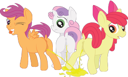 Size: 8000x4838 | Tagged: explicit, artist:brainsister, apple bloom, scootaloo, sweetie belle, absurd resolution, anatomically correct, anus, butt, crotchboobs, cutie mark crusaders, dock, earth pony, eye, eyes, female, females only, filly, foal, foalcon, g4, horn, imported from derpibooru, looking back, nipples, nudity, one eye closed, open mouth, pegasus, pissing, pissing together, plot, ponut, pony, potty time, puckered asshole, puddle, simple background, smiling, teats, teeth, tongue out, transparent background, trio, trio female, unicorn, urine, vulva, watersports, whistling, wings, wink