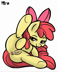 Size: 691x862 | Tagged: explicit, artist:kitsuneinari78, artist:megasweet, artist:rules, apple bloom, anatomically correct, anus, bedroom eyes, bow, butt, clothes, dark genitals, earth pony, eye, eyes, female, filly, foal, foalcon, g4, genitals, imported from derpibooru, looking at you, nudity, plot, ponut, pony, presenting, presenting butt, simple background, solo, solo female, spread legs, spreading, tongue out, underhoof, vulva, white background