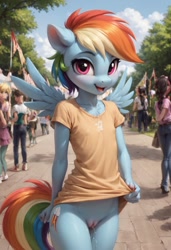 Size: 832x1216 | Tagged: explicit, rainbow dash, ai content, ai generated, anthro, banned from derpibooru, bottomless, clothes, exhibitionism, female, generator:pony diffusion v6 xl, imported from twibooru, lolicon, no panties, partial nudity, pegasus, prompter:madlyirrelevant, public, public nudity, underage, vaginal secretions, wet pussy