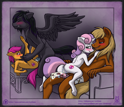 Size: 2468x2131 | Tagged: explicit, artist:lichfang, scootaloo, sweetie belle, oc, oc:jack trades, oc:rome silvanus, aftersex, age difference, anthro, banned from derpibooru, big mcintosh, earth pony, earth pony oc, female, horsecock, imported from twibooru, lolicon, male, nudity, pegasus, pegasus oc, penetration, penis, sex, shipping, straight, underage, unguligrade anthro, unicorn, vaginal, wings