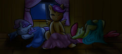 Size: 1920x853 | Tagged: explicit, artist:freefox, apple bloom, scootaloo, sweetie belle, blushing, clopping, clubhouse, crusaders clubhouse, cutie mark crusaders, earth pony, female, females only, filly, foal, foalcon, g4, imported from derpibooru, masturbation, moon, night, one eye closed, open mouth, pegasus, pony, sleeping, sleepover, softcore, stars, trio, unicorn, wingboner, wings