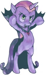 Size: 372x600 | Tagged: questionable, artist:conoghi, sweetie belle, alternate hairstyle, armpits, belly button, bipedal, cape, casual nudity, clothes, costume, cute, diasweetes, fangs, female, filly, first foalcon on derpibooru, foal, foalcon, g4, genitals, horn, imported from derpibooru, labia, lowres, luna eclipsed, my little pony: friendship is magic, nightmare night, nudity, open mouth, pixiv, pony, season 2, simple background, smiling, solo, solo female, subtly questionable, unicorn, vampire costume, vulva, white background