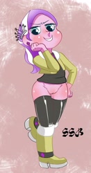 Size: 1616x3084 | Tagged: explicit, artist:ssb, diamond tiara, accessory, banned from derpibooru, blue eyes, blushing, boots, bottomless, child, clothes, ear piercing, earring, equestria girls, female, hairpin, imported from twibooru, jacket, jewelry, leggings, lolicon, looking at you, no panties, nudity, partial nudity, piercing, shoes, smiling, smirk, smug, solo, solo female, underage, vulva