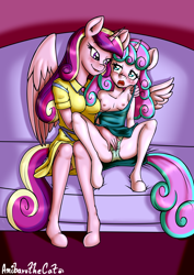 Size: 3162x4457 | Tagged: explicit, artist:anibaruthecat, princess flurry heart, age difference, alicorn, anthro, arm on shoulder, bad parenting, bad touch, banned from derpibooru, blushing, breasts, clothes, commission, couch, exposed breasts, female, fingering, flurrydance, green underwear, hoof feet, imported from twibooru, incest, infidelity, lesbian, lolicon, looking at each other, molestation, mother and child, mother and daughter, nipples, nudity, older, older flurry heart, panties, personal space invasion, princess cadance, sex, shipping, sitting, skirt, small breasts, teenage flurry heart, teenager, underage, underwear, unguligrade anthro, upskirt, vaginal secretions, wet panties, yellow underwear