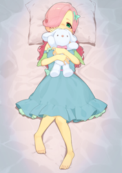 Size: 2894x4093 | Tagged: safe, artist:dekasuji, fluttershy, banned from derpibooru, bed, blushing, clothes, dress, equestria girls, female, g4, hug, human, imported from twibooru, inminent sex, lolicon, looking at you, lying down, on back, pillow, plushie, solo, underage, younger