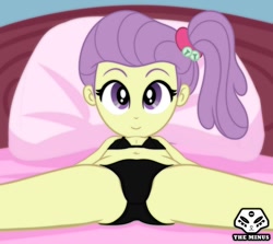 Size: 1000x890 | Tagged: suggestive, artist:theminus, banned from derpibooru, bed, belly button, bra, breasts, child, clothes, delicious flat chest, equestria girls, female, imported from twibooru, lily pad (equestria girls), lily pad (g4), lolicon, open legs, panties, spreading, underage, underwear