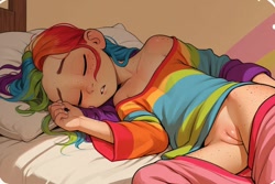 Size: 1024x683 | Tagged: explicit, rainbow dash, ai content, ai generated, banned from derpibooru, bed, bedroom, blushing, bottomless, child, clothes, eyes closed, female, freckles, human, humanized, imported from twibooru, lolicon, lying down, no panties, nudity, partial nudity, pillow, prompter needed, sleeping, solo, solo female, underage, vulva, younger