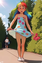 Size: 683x1024 | Tagged: explicit, rainbow dash, ai content, ai generated, banned from derpibooru, blushing, bush, child, clothes, cloud, dress, female, flower, freckles, grabbing, human, humanized, imported from twibooru, light, lolicon, nudity, open mouth, panties, partial nudity, prompter needed, pulling, shadow, shirt, shoes, skirt, skirt lift, sky, standing, sundress, sunlight, tree, underage, underwear, vulva, younger