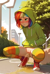 Size: 1152x1728 | Tagged: explicit, rainbow dash, ai content, ai generated, banned from derpibooru, blushing, bottomless, bush, child, clothes, female, freckles, hoodie, human, humanized, imported from twibooru, lolicon, nudity, partial nudity, pissing, pocket, prompter needed, rainbow socks, shoes, sky, socks, solo, solo female, spread legs, spreading, squatting, striped socks, sweater, thigh highs, tree, underage, urine, vulva, younger